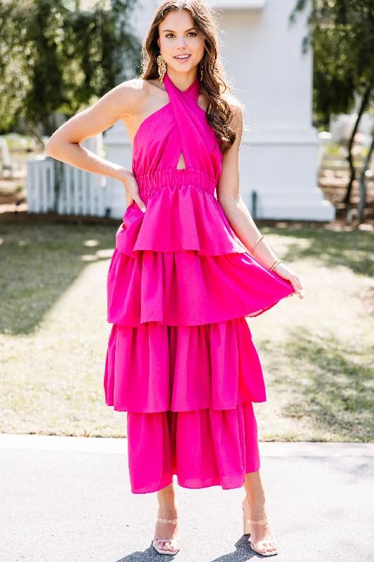 Warm Atmosphere Meant To Be Fuchsia Pink Ruffled Maxi Dress