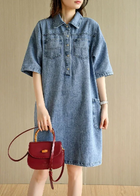 Simple Matching Casual Denim Blue Peter Pan Collar Pockets Summer Cotton Mid Dress Half Sleeve Simple Matching Casual Denim Blue Peter Pan Collar Pockets Summer Cotton Mid Dress Half Sleeve
