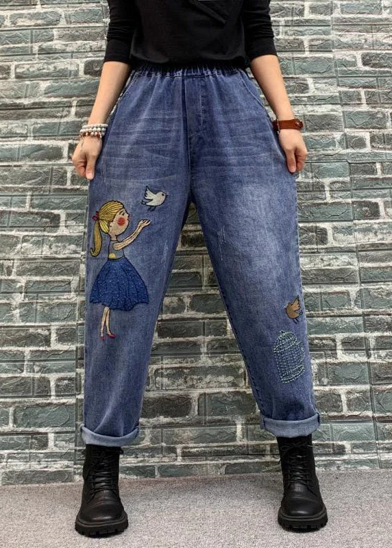 European And American Style Organic Blue Cartoon Embroideried Pockets Patchwork Denim Crop Pants Spring European And American Style Organic Blue Cartoon Embroideried Pockets Patchwork Denim Crop Pants Spring