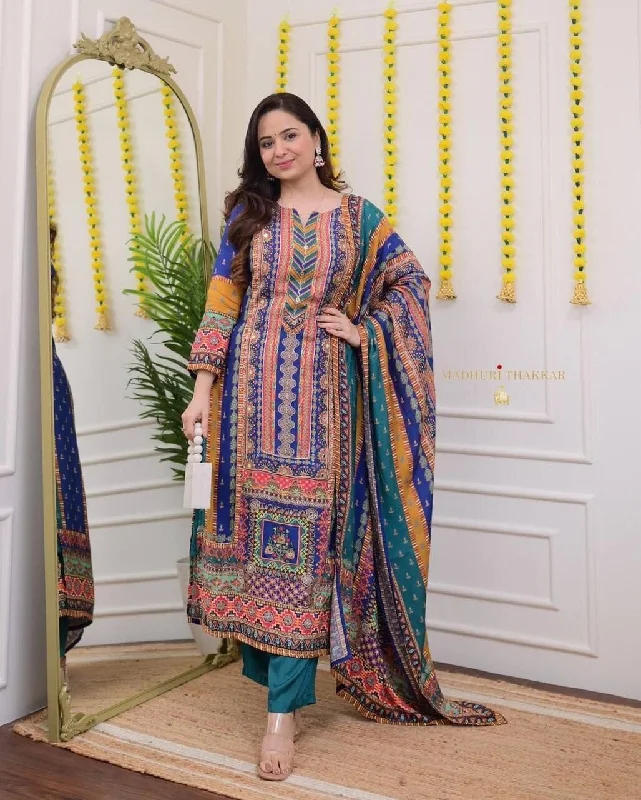 Fresh And Simple Multicoloured print with Embroidered Kurti with Dupatta and Pant Set