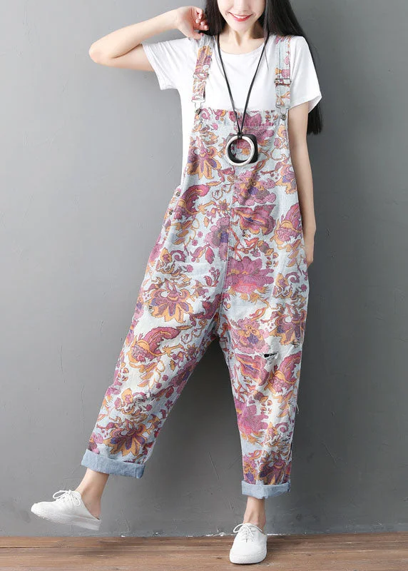 French Style Modern pockets Print ripped denim Jumpsuit Spring