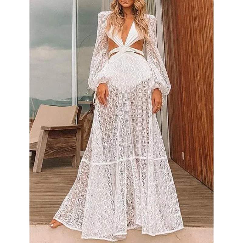 Luxury And Elegant White Sexy Backless Hollow Out Long Party Dresses