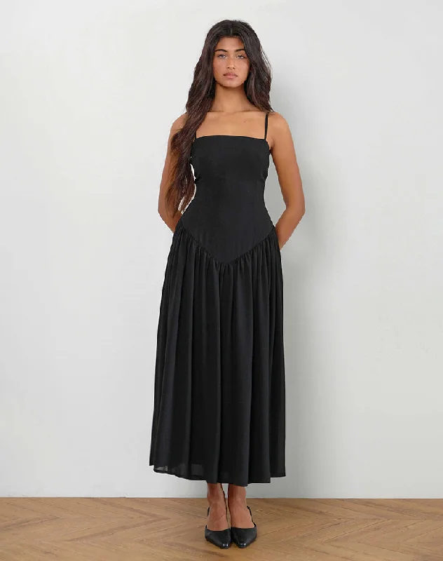 Fashion Style Paduri Drop Waist Midi Dress in Chiffon Black