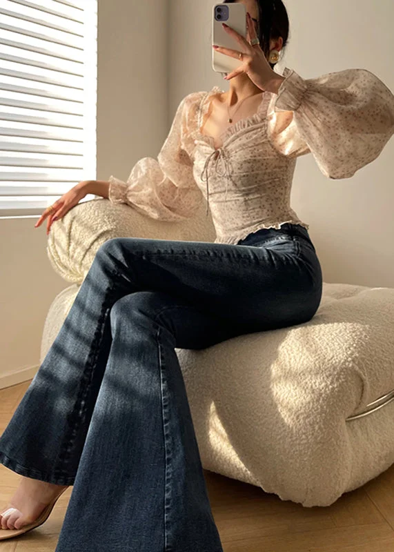 Simple And Comfortable Vintage Denim Blue Zippered High Waist Pockets Flares Pants Fall Simple And Comfortable Vintage Denim Blue Zippered High Waist Pockets Flares Pants Fall