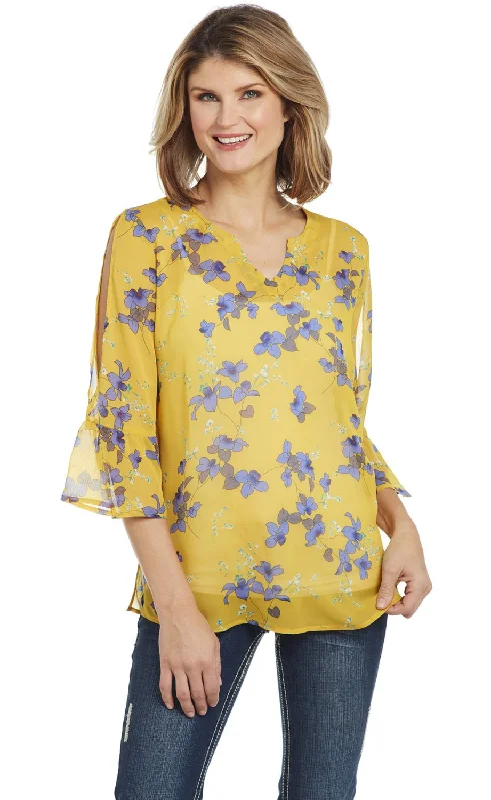 Soft And Comfortable Cowgirl Up Womens Yellow Floral Polyester Bell Sleeve Tunic S/S Soft And Comfortable Cowgirl Up Womens Yellow Floral Polyester Bell Sleeve Tunic S/S