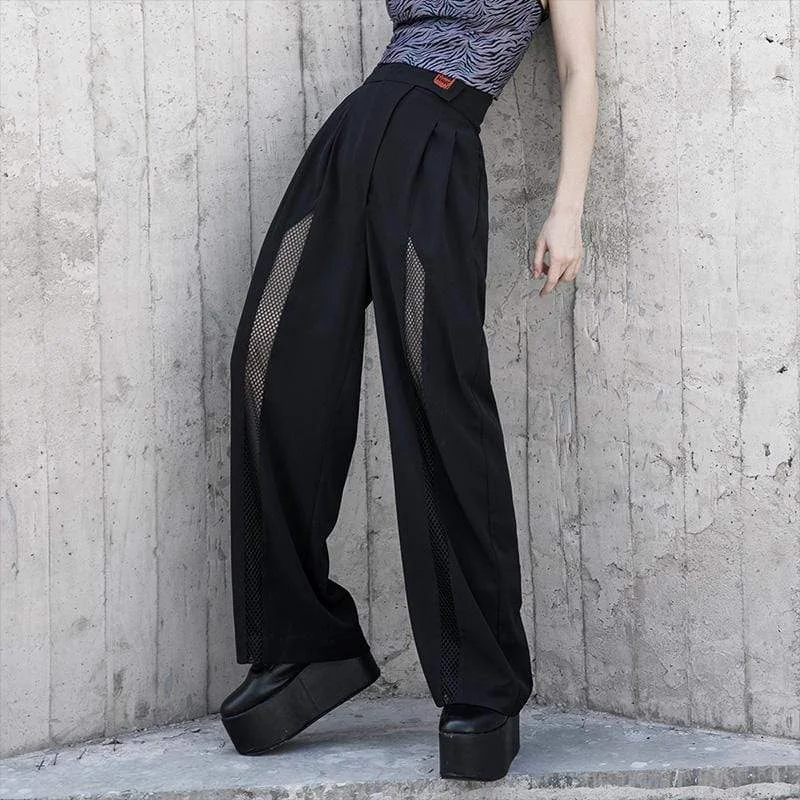 Relaxed And Casual Women's Gothic Strappy Splicing Mesh Straight Pants