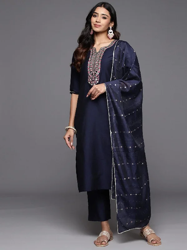 Urban Sense Blue Yoke Design Silk Blend Straight Suit With Dupatta
