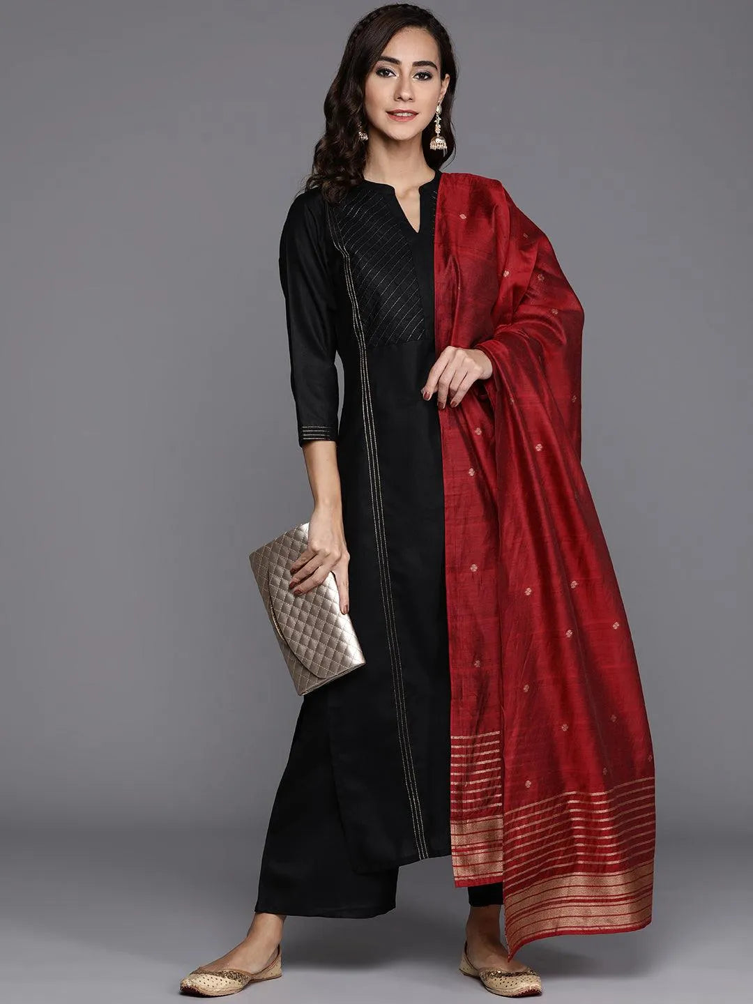 European And American Style Black Solid Cotton Straight Kurta With Palazzos & Dupatta European And American Style Black Solid Cotton Straight Kurta With Palazzos & Dupatta