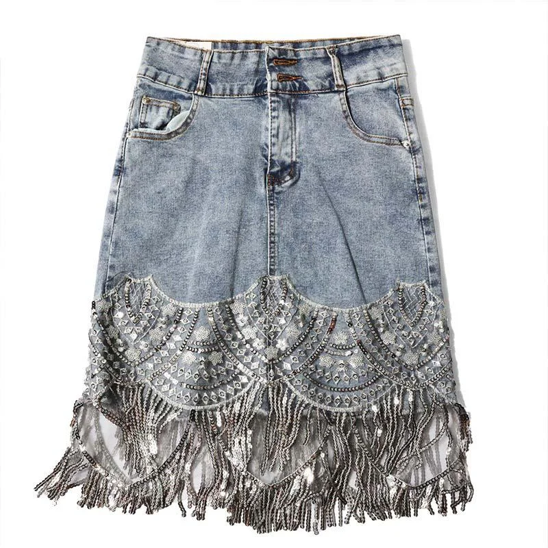 Casual Street Denim Mini Skirts High Waist Blue Hip Jeans Beading Tassel Skirt
