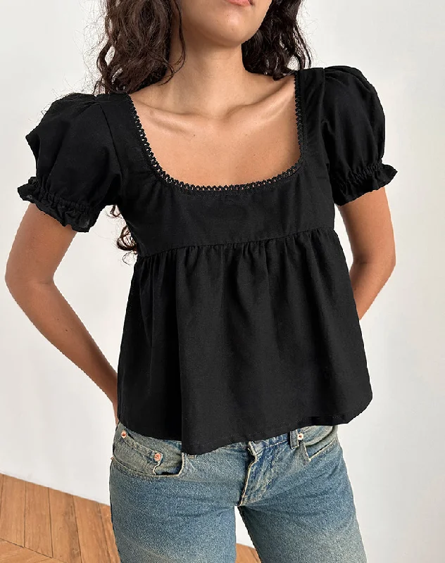 Sports And Leisure Axoni Square Neck Blouse in Linen Black