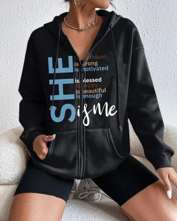 Casual Style She Is Me Women Zip Hood Long Sleeves Hoodie