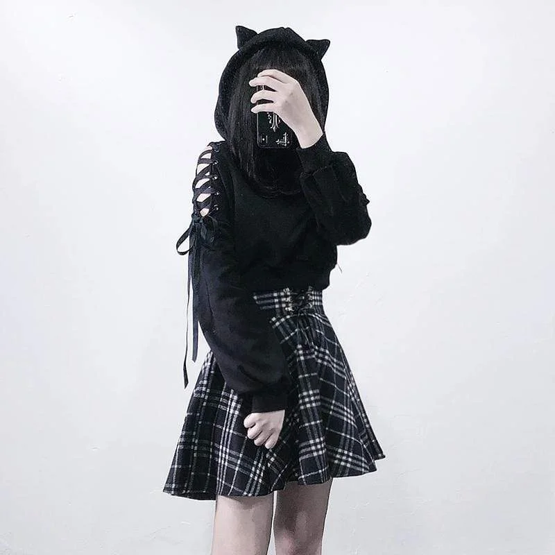 Girl Style Women's Lace-up Hollowed Short Sweatershirts With Hood
