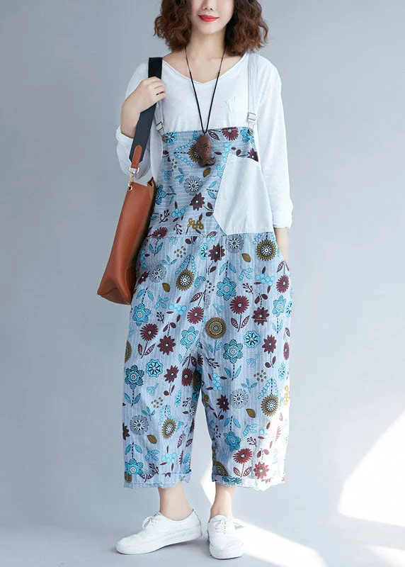 Exclusive Customization Casual light Grey pockets Patchwork Floral denim Jumpsuits Spring