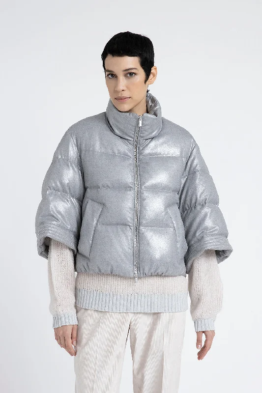 Elegant And Charming Short down jacket in laminated viscose blend flannel