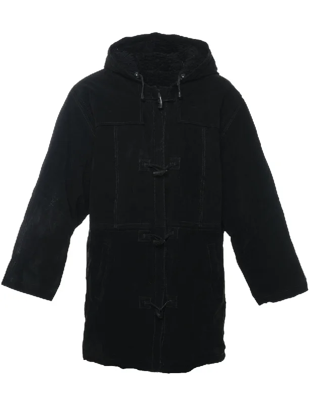 Luxury And Elegant Hooded Black Faux Shealing Lined Suede Jacket - M