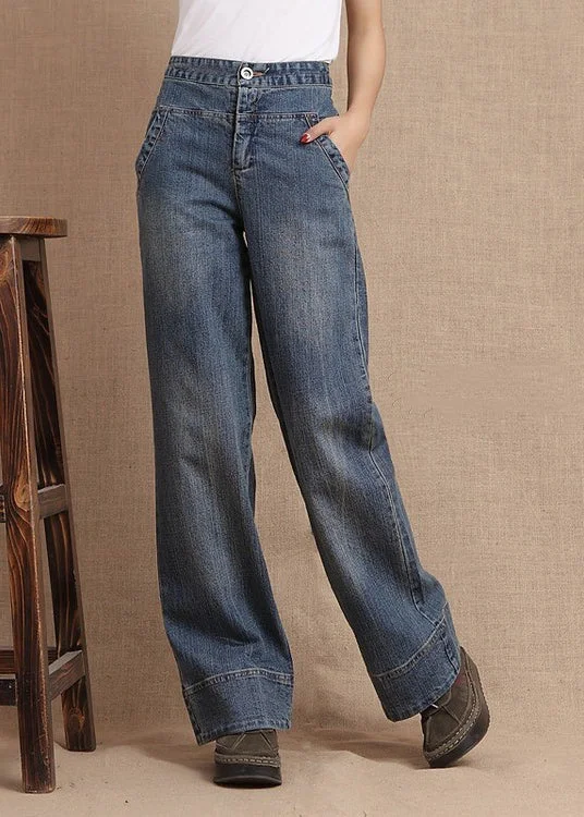 Embroidered Letters Unique Denim Blue Pockets High Waist Cotton Wide Leg Pants Fall