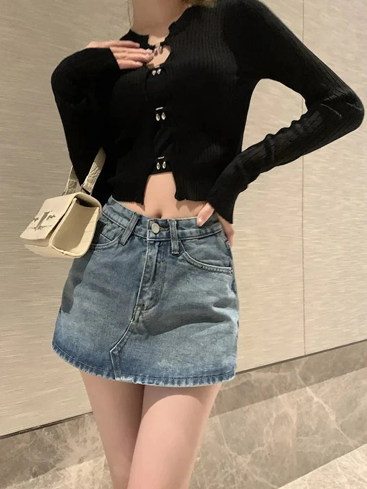 Ethnic Style Summer High-Waisted Vintage Women Denim Short Skirt Small New Slim Sexy Korea Fashion Girl Cute Street A-line Mini Jeans Pants Ethnic Style Summer High-Waisted Vintage Women Denim Short Skirt Small New Slim Sexy Korea Fashion Girl Cute Street A-line Mini Jeans Pants