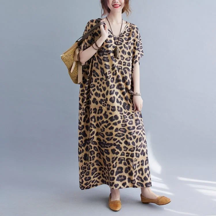 Elegant Tailoring Plus Sizes Women Leopard Short Sleeve Cozy Dresses