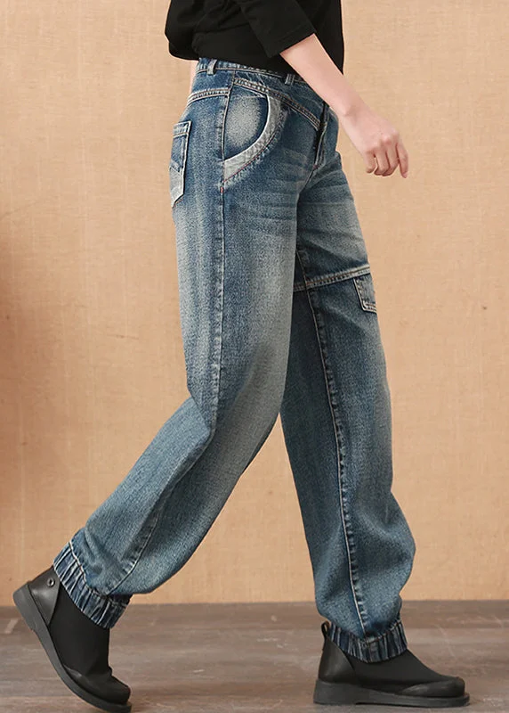 Girl Style Loose Blue Patchwork Pockets High Waist Cotton Wide Leg Denim Pants Fall Girl Style Loose Blue Patchwork Pockets High Waist Cotton Wide Leg Denim Pants Fall