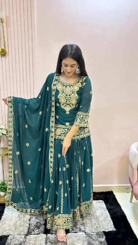Elegant And Casual Dark Teal Blue Faux Georgette Heavy Embroidered Lehenga Suit