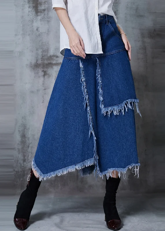 British Fashion Fine Navy Asymmetrical Patchwork Tasseled Denim Skirts Fall