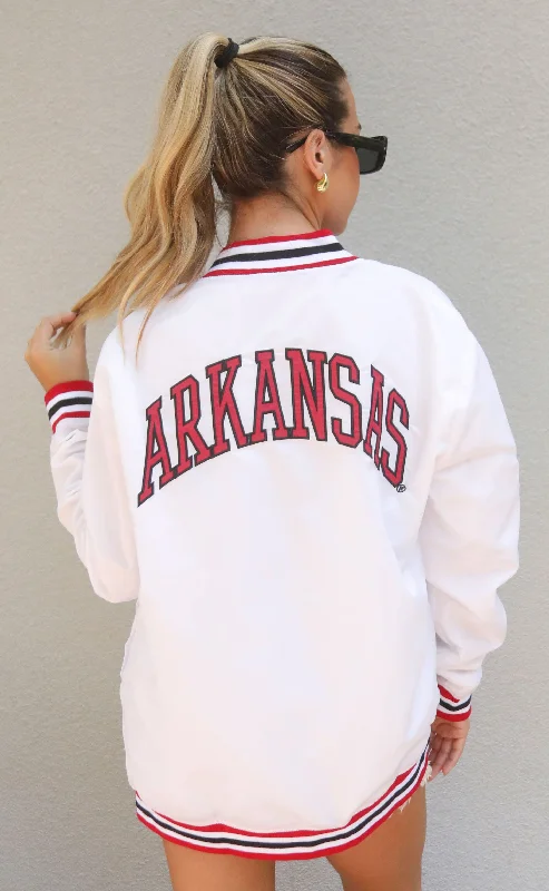 Youthful arkansas leaning hog varsity jacket - white
