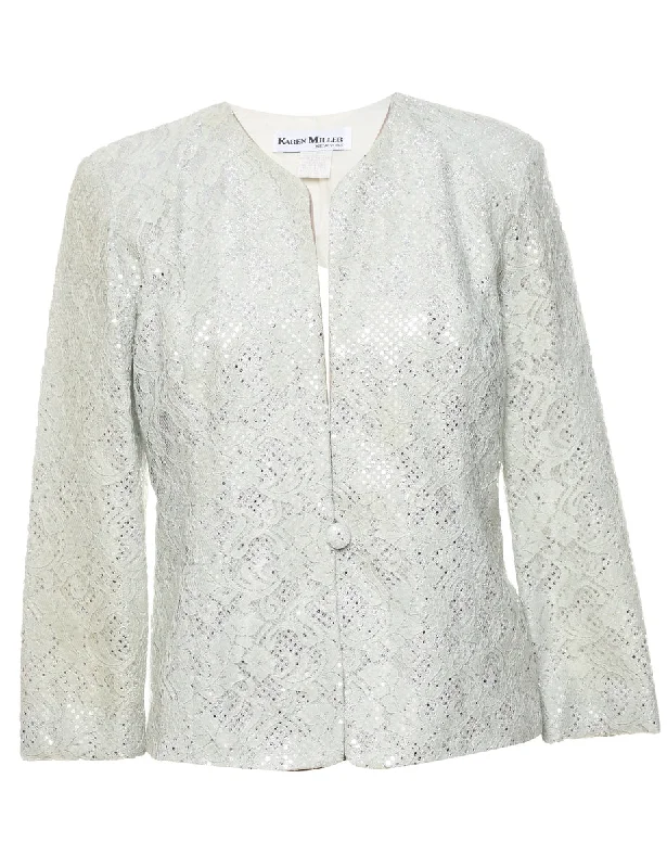 French Style Lurex Thread Pattern White Lace Evening Jacket - M
