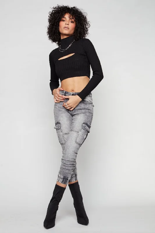 Simple Style TARA - Ladies Cargo Jogger - Dark Grey Acid Wash