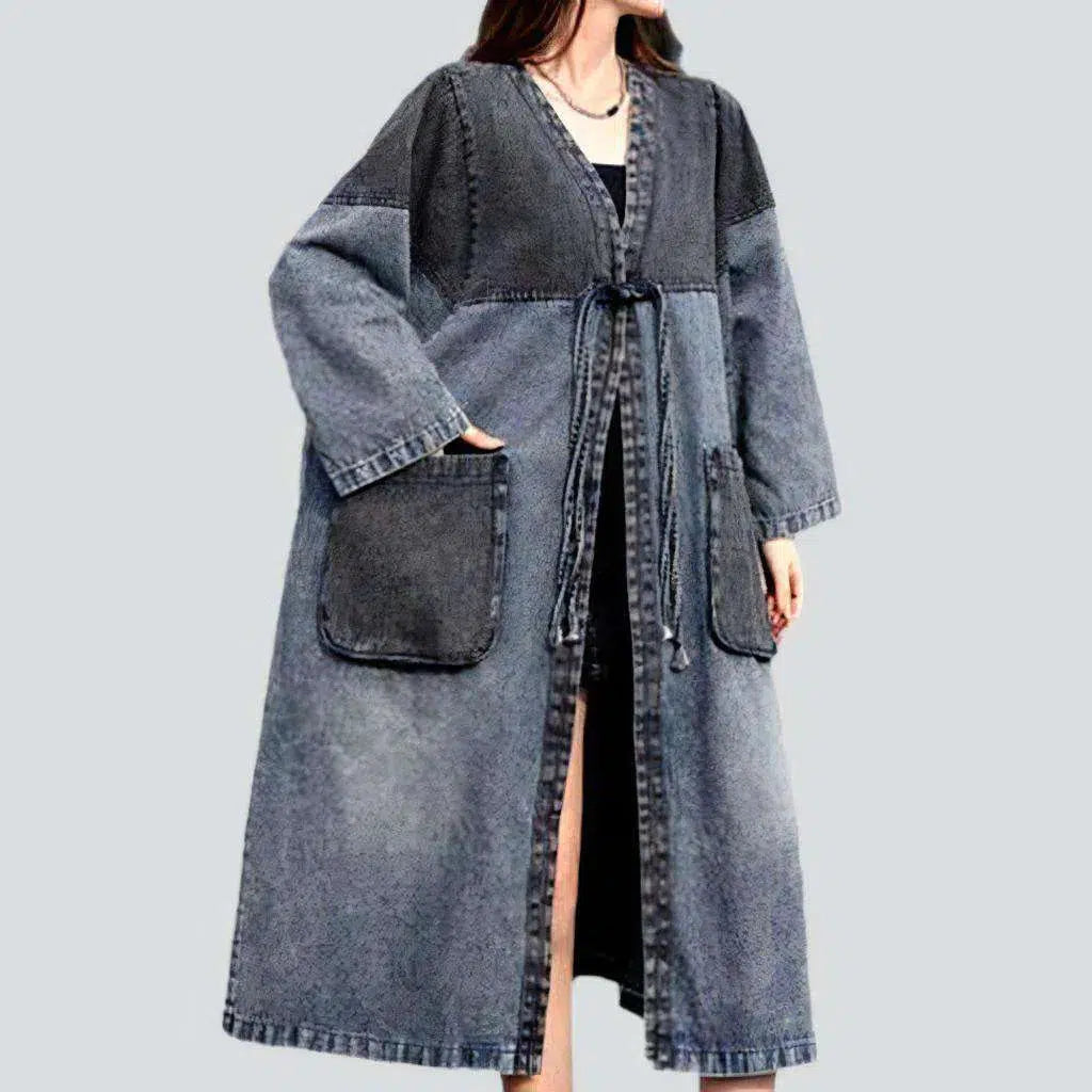 Playful Style Sanded dark denim coat
 for women