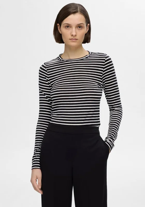 Cute Style Selected Femme Striped Long Sleeve T-Shirt, Black & White