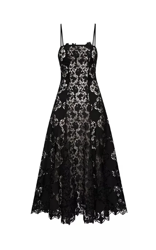 Celebrity Must-have Black Guipure Lace Midi Dress