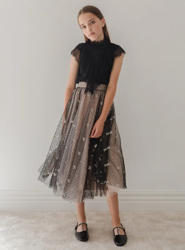 Celebrity Must-have 3086-Embroidered Bow Tulle Skirt-Black/Pink