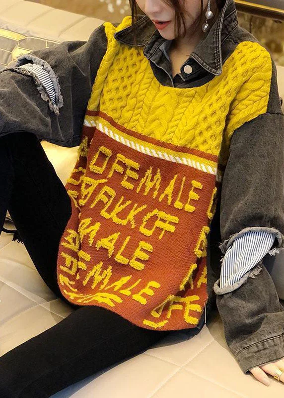 Celebrity Must-have Casual Yellow Denim Patchwork Loose Jacquard Fall Knit Top