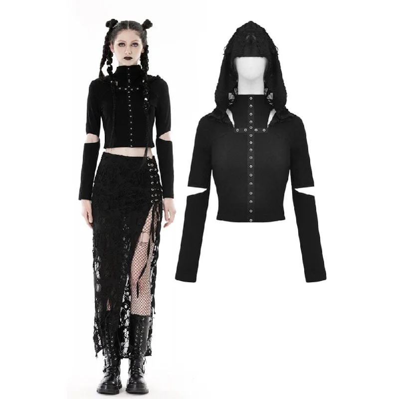Carefree Women's Punk Cutout Eyelet Crop Top with Ripped Hood