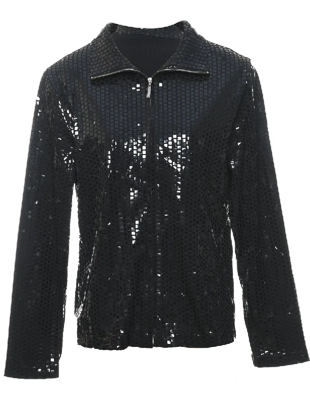 Designer Style Black Sequined Zip-Front 1990s Evening Jacket - L