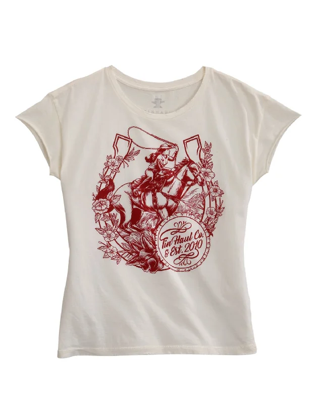 Sexy Fun Tin Haul Womens White 100% Cotton Floral Horseshoe S/S T-Shirt