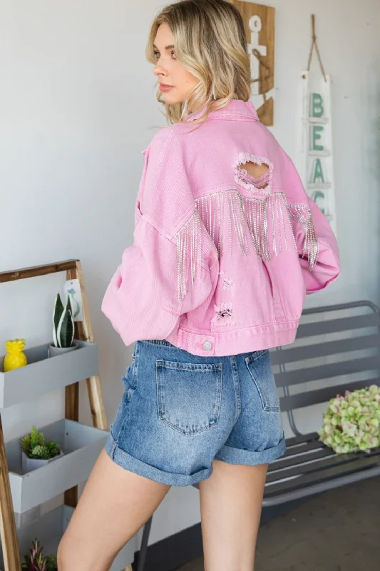 Elegant Temperament Veveret Fringe Distressed Button Up Denim Jacket