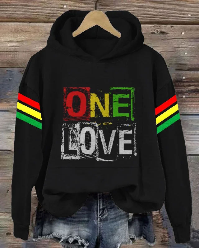Free And Casual Black History One Love Print Long Sleeve Hoodie