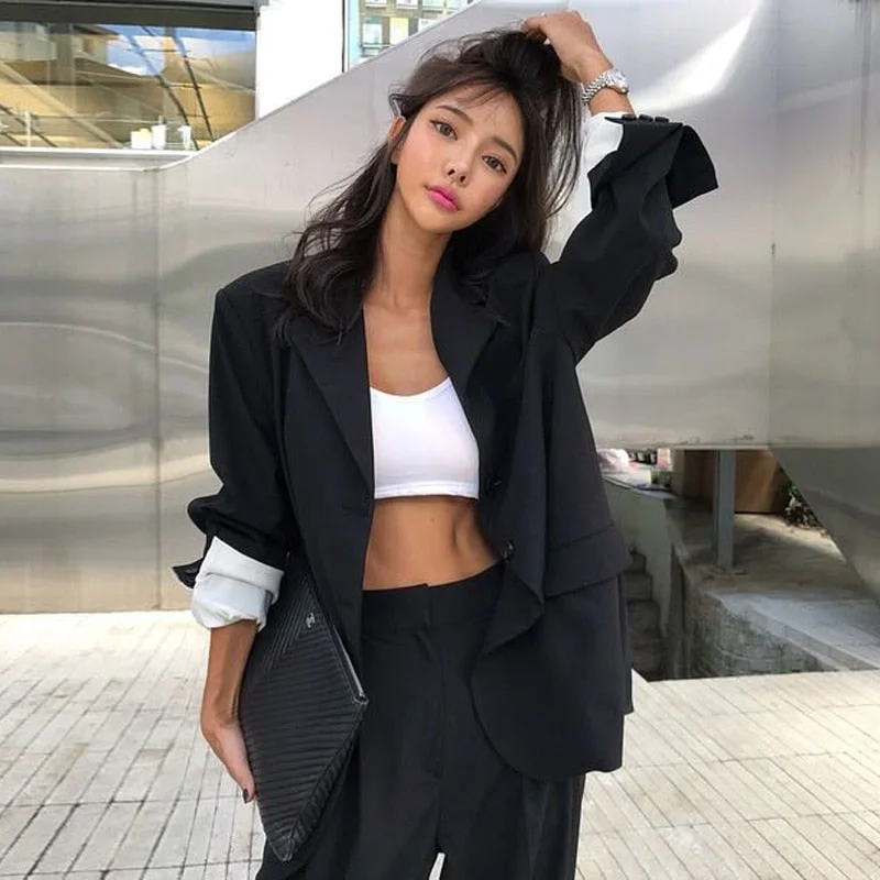 French Style Vintage Black Single-breasted Women Blazer Jacket Fashion Loose Female Workwear Outerwear Elegant Solid Women Suit Jacket 2019 French Style Vintage Black Single-breasted Women Blazer Jacket Fashion Loose Female Workwear Outerwear Elegant Solid Women Suit Jacket 2019