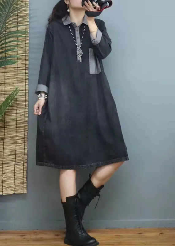 Spring Fashion Handmade Blue V Neck Patchwork denim Dresses Winter