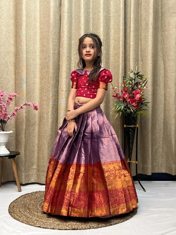 Stretch Design Red Purple Lichi Silk Kid’s Lehenga Choli