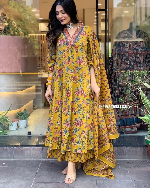 Body Design Mustard Pure Handloom Cotton Anarkali Kurti with Dupatta and Bottom