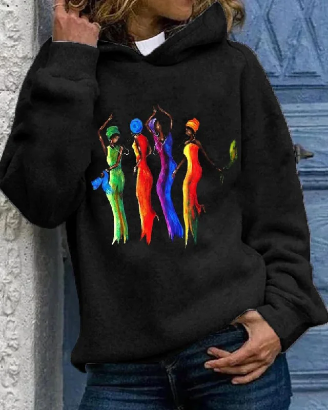 High-end Fabrics Black dancing casual printed personalized hooded sweatshirt for women