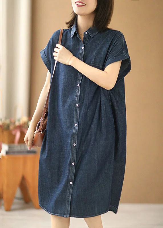 Urban Style Women Navy Solid Color Peter Pan Collar Button Cotton Denim Dresses Short Sleeve