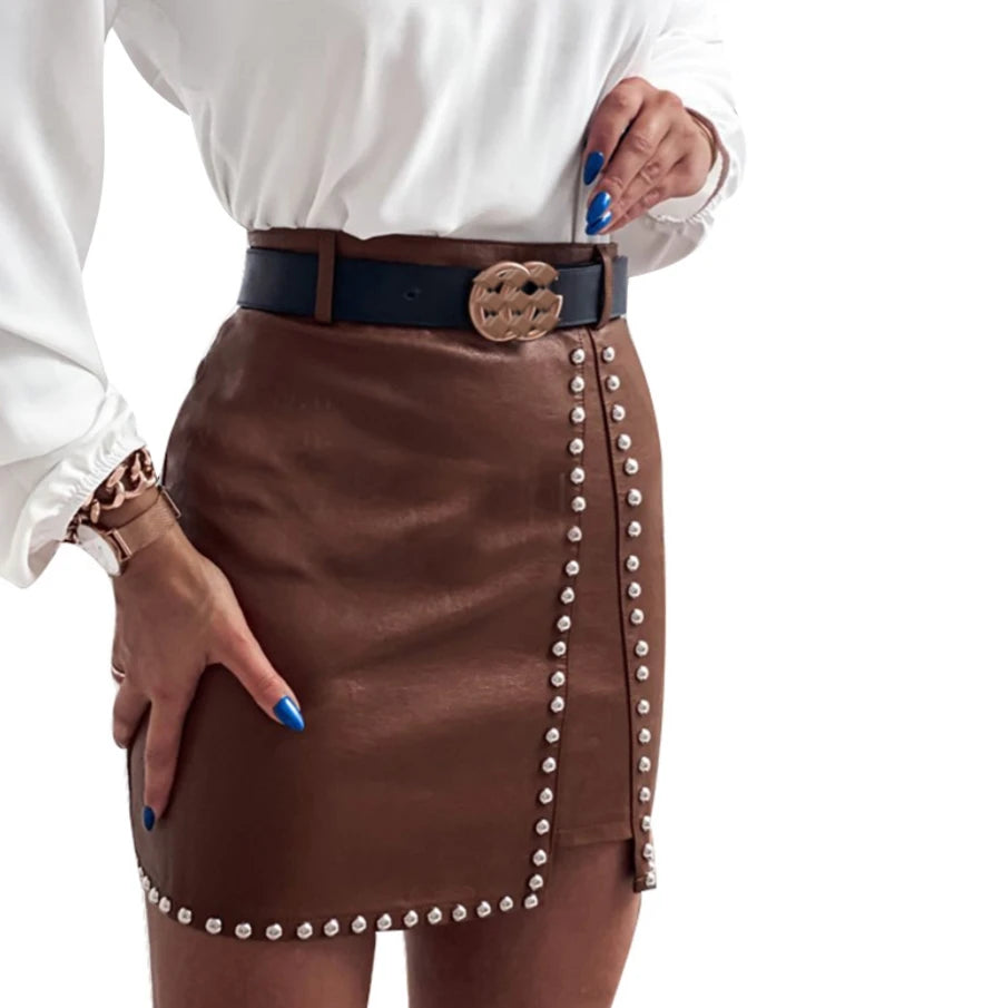 Fresh And Simple Leather Solid Pencil Empire Mini Skirts.