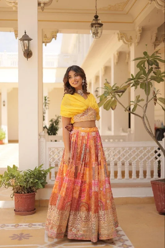 Feminine Charm Yellow Russian Silk Rich Digital Printed With Foil Embroidery Work Lehenga with Choli Ready to Wear Set Feminine Charm Yellow Russian Silk Rich Digital Printed With Foil Embroidery Work Lehenga with Choli Ready to Wear Set