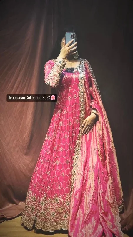 French Retro Coral Pink Heavy Embroidery Sequence Work Gown with Dupatta and Pant Suit French Retro Coral Pink Heavy Embroidery Sequence Work Gown with Dupatta and Pant Suit