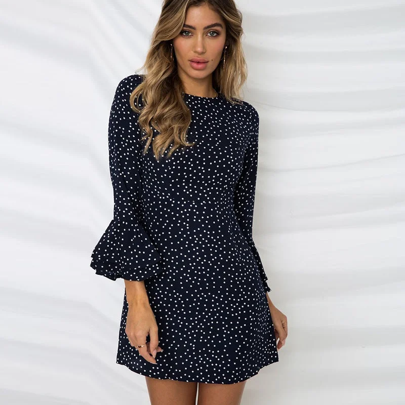 Comfortable And Versatile Casual Polk Dot Print Long Sleeves Short Dresses