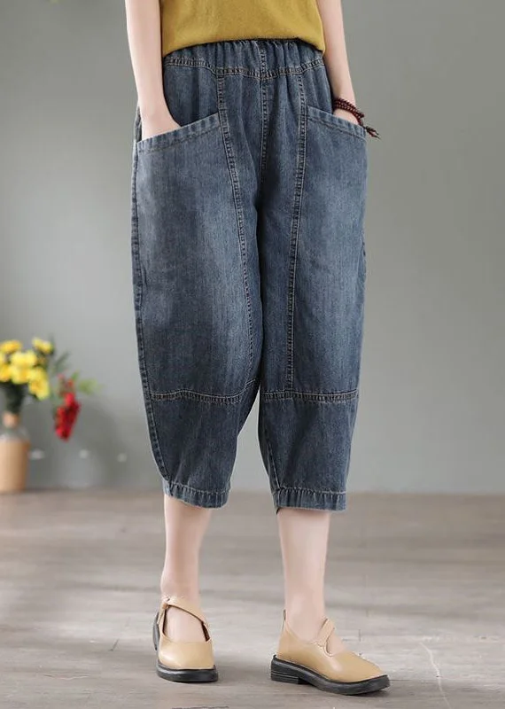 Classic Retro Vintage Denim Blue High Waist Pockets Cotton Crop Pants Summer