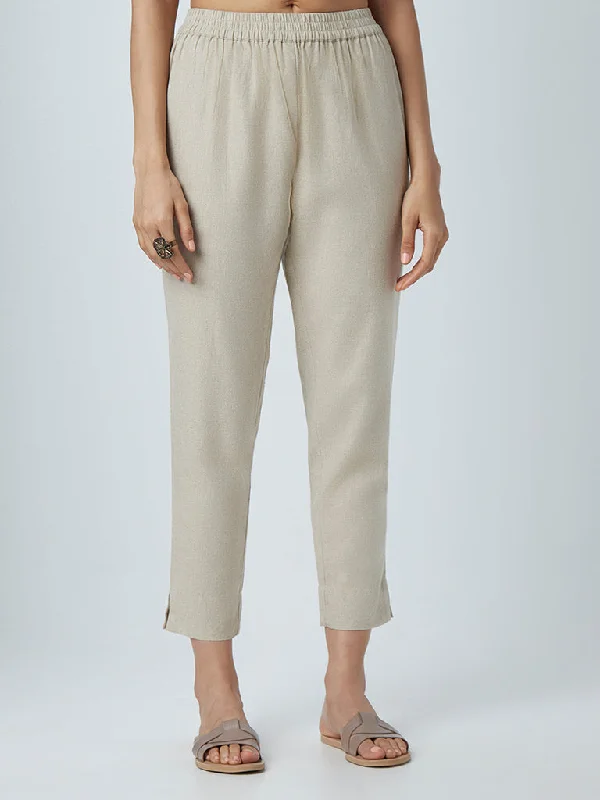 French Retro Zuba Beige Cotton Blend Ethnic Pants